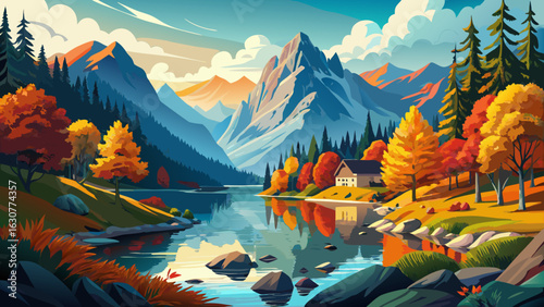 Calm water reflects vibrant trees perfectly. Wooden boats rest near rocky shores. Mist curls above tranquil surfaces. Nature’s rich palette enchants every eye with timeless, serene, and breathtaking a