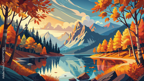 Calm water reflects vibrant trees perfectly. Wooden boats rest near rocky shores. Mist curls above tranquil surfaces. Nature’s rich palette enchants every eye with timeless, serene, and breathtaking a