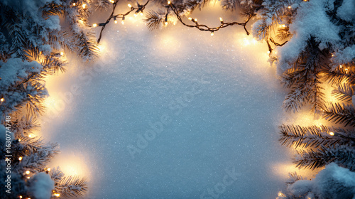 Snowy Pine Branches with Warm Christmas Lights Forming a Festive Winter Frame

