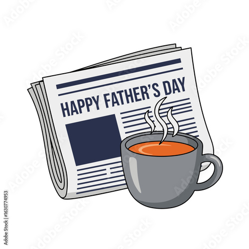 Happy father's day newspaper with steaming cup of coffee on transparent background