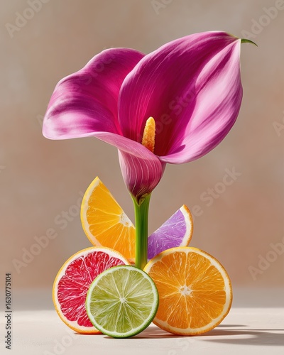 Pink calla lily with citrus fruit slices in vertical composition for fresh food ads.
