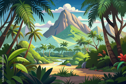 vector of Realistic mountain scenery of Mesozoic era tropical forest