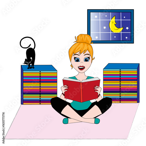 Mujer leyendo un libro sentada en alfombra.