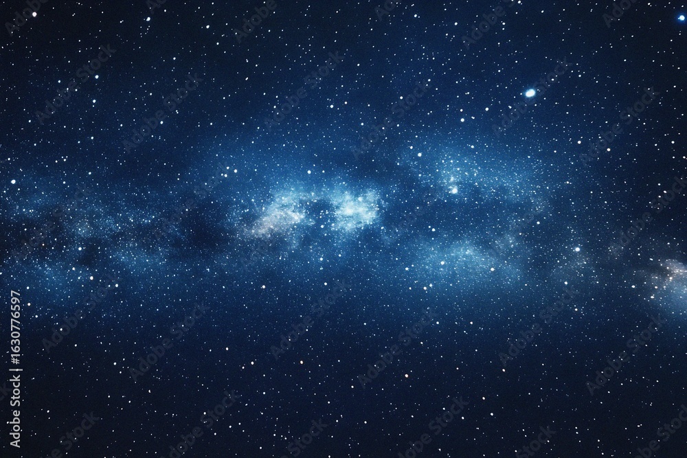 Fototapeta premium Starry sky background, blue night sky full of stars, glowing stars in the dark space, starry background, dark night, stars in the distance, starlight, dark background with a blue glow, night sky. 