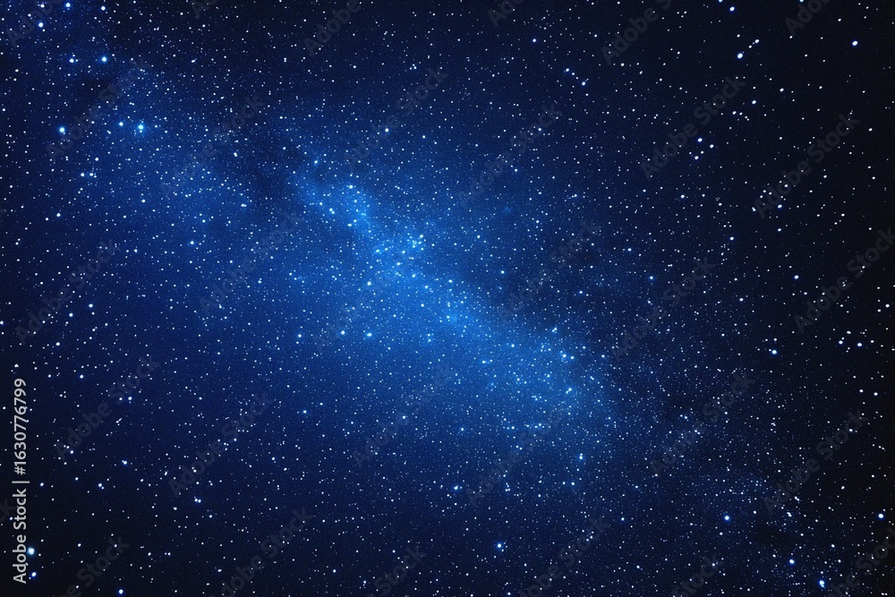 Obraz premium Starry sky background, blue night sky full of stars, glowing stars in the dark space, starry background, dark night, stars in the distance, starlight, dark background with a blue glow, night sky. 