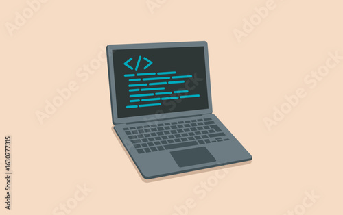 Ilustración vectorial de una computadora portátil abierta mostrando líneas de código en pantalla oscura. Programación, desarrollo de software, tecnología, trabajo remoto y educación digital.