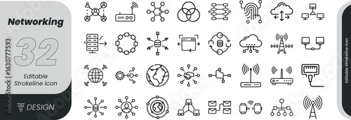 Vector art of set of networking icons representing data transfer, communication, internet, wifi, servers, computers, cloud, and global connections, isolated on white background transparent background