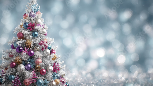 Decorated Christmas Trees with Colorful Baubles and Festive Lights on Soft Bokeh Backgrounds