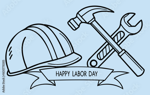 Labor Day with Hard Hat, Hammer, and Wrench on Blue Background
