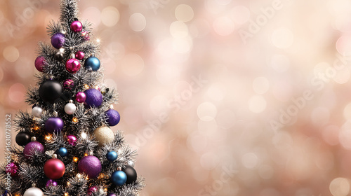 Decorated Christmas Trees with Colorful Baubles and Festive Lights on Soft Bokeh Backgrounds