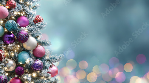 Decorated Christmas Trees with Colorful Baubles and Festive Lights on Soft Bokeh Backgrounds