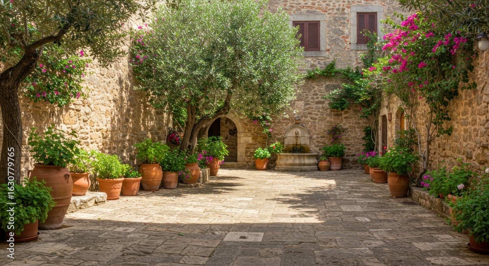 Obraz premium Stone courtyard, blossomed trees