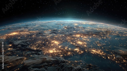 Satellite view Stunning night-time view of Earth from satellite illuminated by starlight and artificial glows of human civilization
