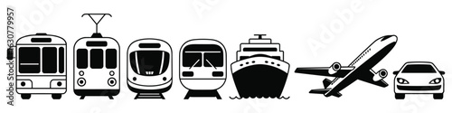 Silhouette Set of Public and Private Transportation Vehicles Including Bus, Tram, Train, Metro, Ship, Airplane, and Car in Black and White Isolated Icons for Travel and Transport Concepts