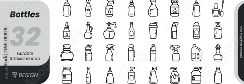 Vector art of collection of 32 handdrawn bottle icons isolated on white background transparent background