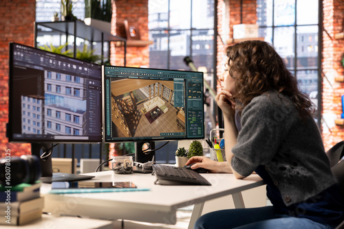 Konstfotografi Professional architectural designer configures a floor plan on dual monitors, utilizing computer aided design tools