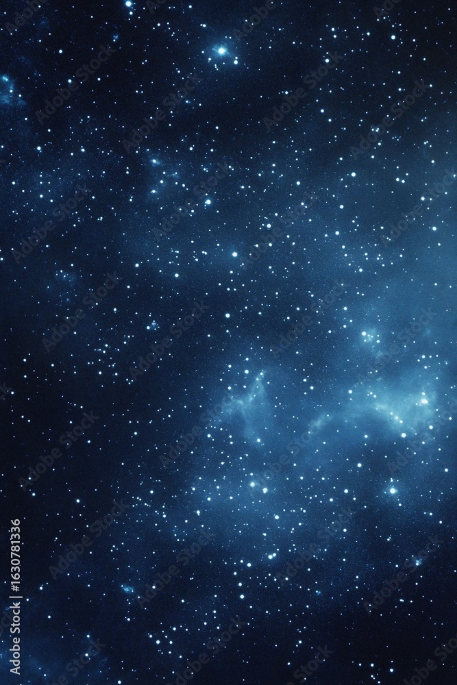 Naklejka premium Starry sky background, blue night sky full of stars, glowing stars in the dark space, starry background, dark night, stars in the distance, starlight, dark background with a blue glow, night sky. 