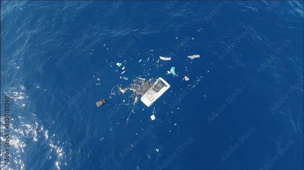 Fototapeta premium Aerial view of marine debris floating on the ocean surface, showcasing various plastic waste and discarded materials, highlighting environmental pollution and its impact on marine life