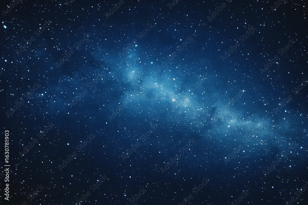 Naklejka premium Starry sky background, blue night sky full of stars, glowing stars in the dark space, starry background, dark night, stars in the distance, starlight, dark background with a blue glow, night sky. 