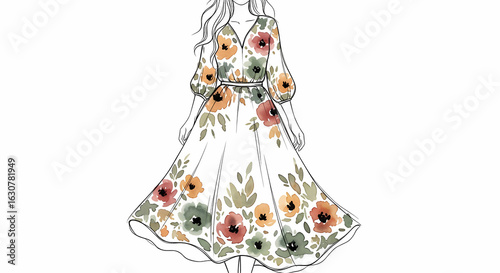 Fashion illustration of a woman in an elegant bohemian floral midi dress with puff sleeves. Hand-drawn design sketch.