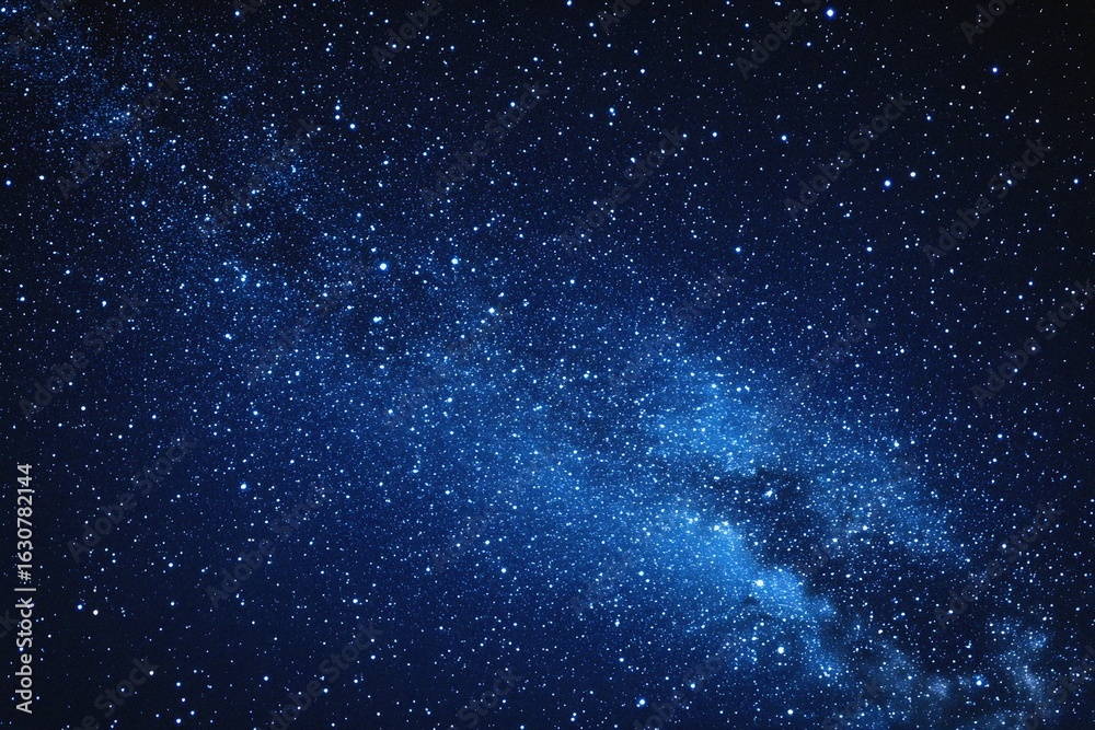 Fototapeta premium Starry sky background, blue night sky full of stars, glowing stars in the dark space, starry background, dark night, stars in the distance, starlight, dark background with a blue glow, night sky. 