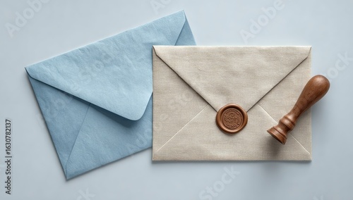 Sealed envelopes, wax stamp, stationery, light blue background, correspondence