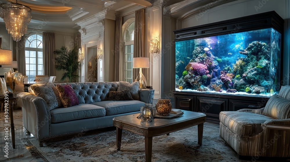Fototapeta premium Luxurious living room with a large aquarium