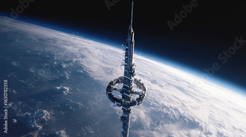 Top down Satellite view of a futuristic space elevator connecting Earth to a orbital station