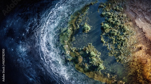 Top down Satellite view Artistic interpretation blending actual satellite images with imaginative elements depicting Earths fragile ecosystem
