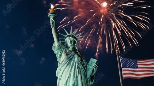 The Statue of Liberty stands tall amidst fireworks and a sunset sky. The US flag is in the background, a symbol of democracy, freedom, and the celebration of unity. 4k video