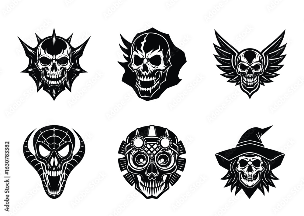 Obraz premium Collection of Six Unique Black and White Skull Designs with Different Motifs