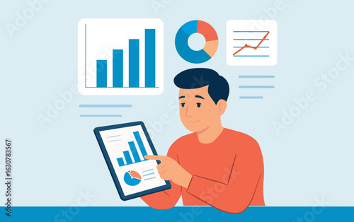 Ilustración vectorial de una persona observando gráficos y estadísticas en una tablet digital. Análisis de datos, informes, marketing digital y toma de decisiones, contexto empresarial y tecnológico.