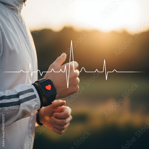 Runner Wearing Smartwatch Tracking Heart Rate During Outdoor Exercise