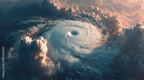 Top down Satellite view capturing a massive hurricane swirling over the ocean dramatic clouds cinematic lighting