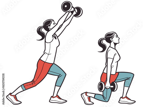 Two women performing lunges with dumbbells in different positions for strength training exercise routine created with generated ai