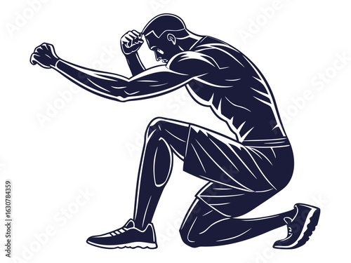 Silhouette of a muscular man in a fighting pose kneeling with clenched fists ready to strike forward view created with generated ai