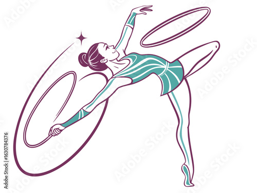 Illustration of a rhythmic gymnast performing with hoops in a stylized and elegant pose on white background created with generated ai