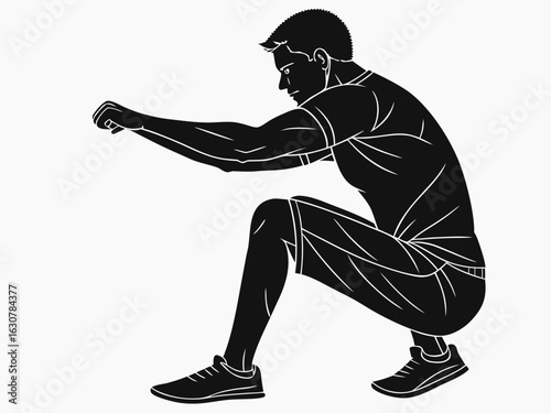 Silhouette of a muscular man in squat position with arms extended forward for balance and posture control created with generated ai