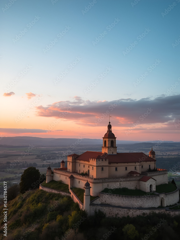 Naklejka premium Tomar (Thomar) castle of the Templar knights and the convent of Christ sunset aerial view