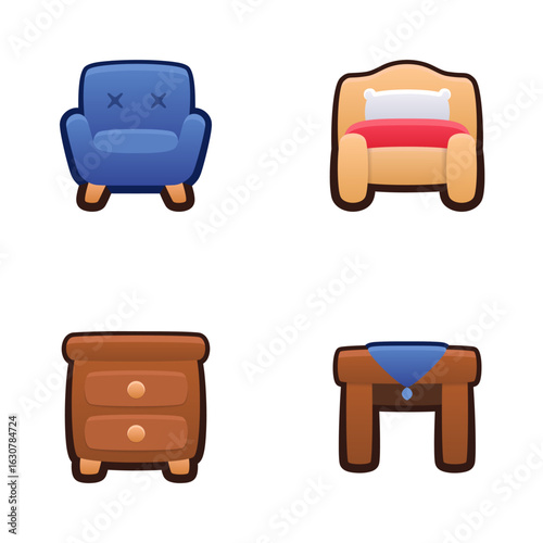 Furniture icon set. Isolated vector illustration of mobile game sprites. Design for stickers, logo, mobile app. Arcade or match 3 2d graphics game asset. Flat 3d item sprites sheet.