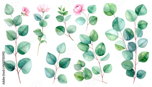 Eucalyptus and flowers set
