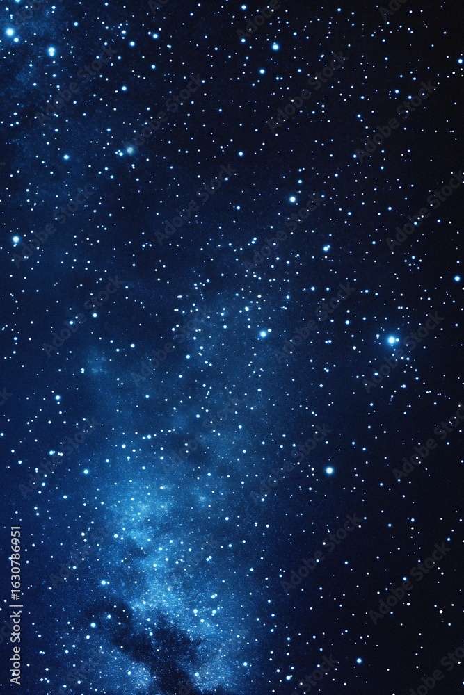 Fototapeta premium Starry sky background, blue night sky full of stars, glowing stars in the dark space, starry background, dark night, stars in the distance, starlight, dark background with a blue glow, night sky. 