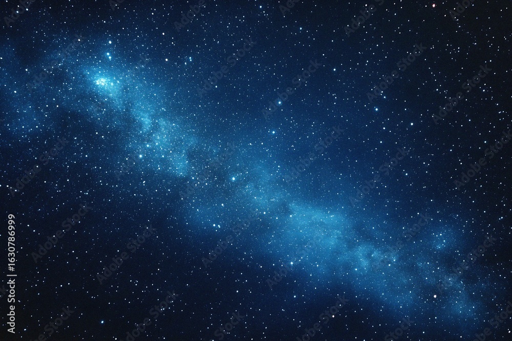 Obraz premium Starry sky background, blue night sky full of stars, glowing stars in the dark space, starry background, dark night, stars in the distance, starlight, dark background with a blue glow, night sky. 