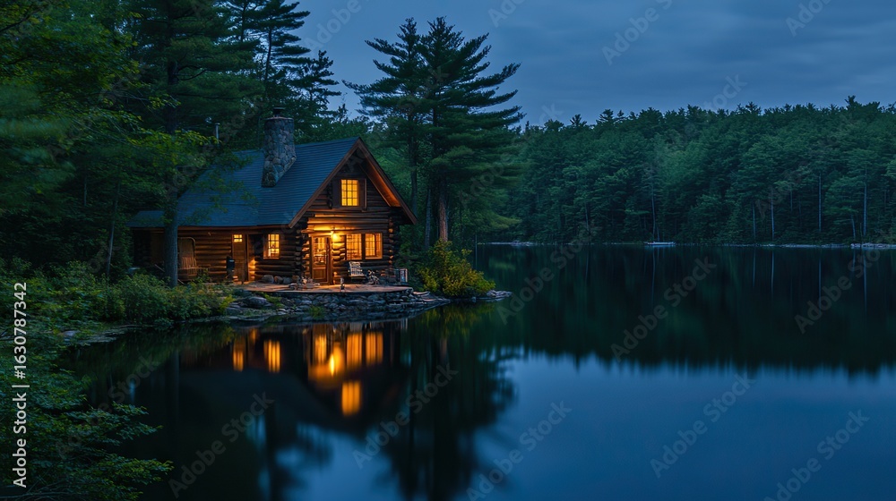 Fototapeta premium A cozy cabin by a tranquil lake surrounded by tall trees, illuminated warmly at dusk, creating a serene and inviting atmosphere.