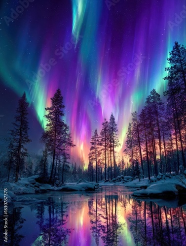 Wallpaper Mural Breathtaking Display of Northern Lights Illuminating a Serene Winter Landscape With Reflections on Still Waters Torontodigital.ca