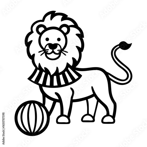 Circus lion standing beside colorful ball in playful pose  