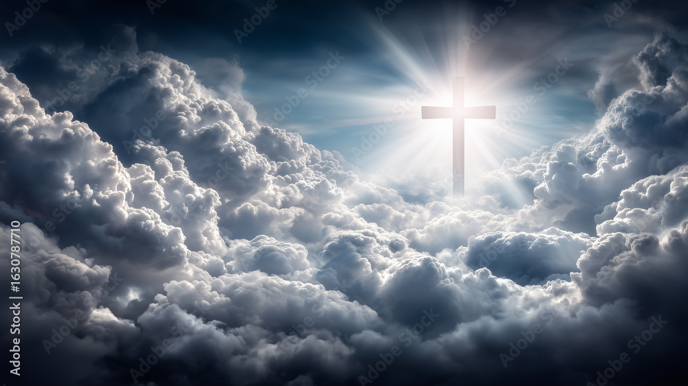 Fototapeta premium Cross illuminated by divine sunbeams breaking through dramatic storm clouds, evoking spiritual hope faith and the promise of heavenly guidance.