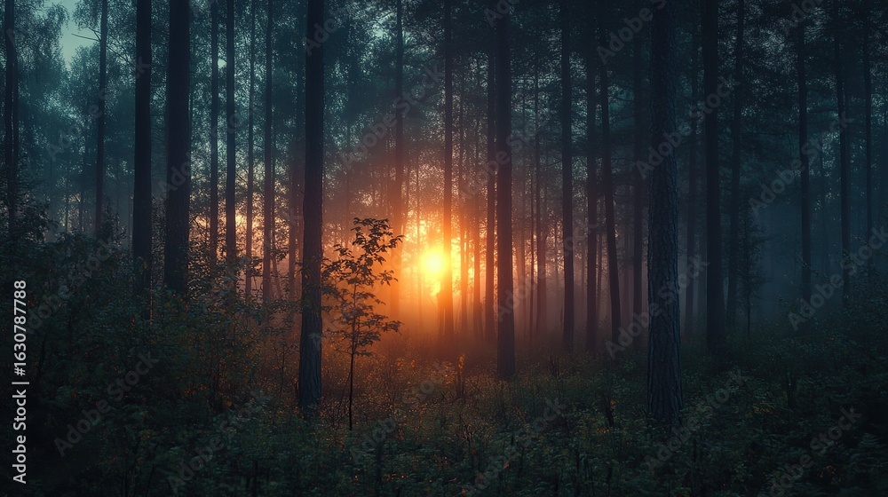 Obraz premium A serene forest scene at dawn, with sunlight piercing through tall trees, creating a mystical atmosphere shrouded in mist.