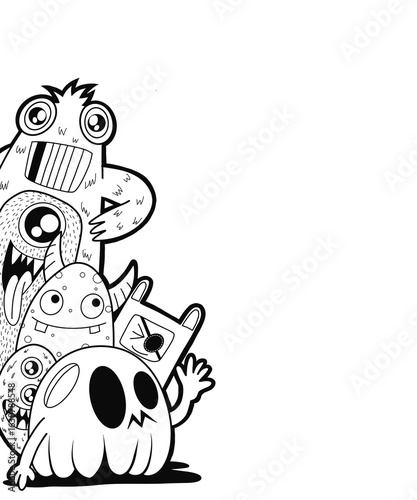 Hand-drawn illustrations, monsters doodle, Hand Drawn cartoon monster illustration,Cartoon crowd doodle hand-drawn Doodle style.black and white stripes coloring  book.
