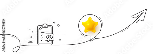 Eye checklist line icon. Continuous line with share plane. Oculist clinic sign. Optometry vision check symbol. 3d star in speech bubble. Eye checklist single line ribbon. Loop curve pattern. Vector